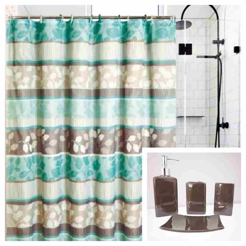 17 Pieces Bathroom Complete Set Shower Curtain with Hooks and Ceramic Accessories Set ( Zen Brown )