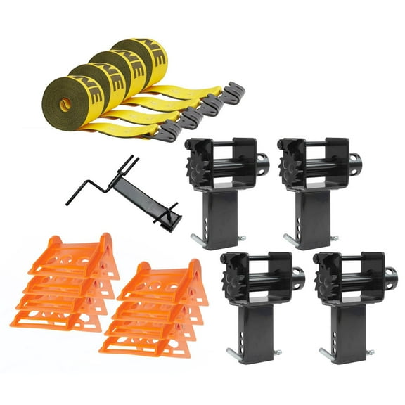 17 Pieces Flatbed Tie Down Kit - 4 Kinedyne Winch Strap 4" x 30', 1 Winch Strap Winder, 8 Plastic Corner Protectors, 4 Stake Pocket Winch | Trailer Tie Down System & Accessories