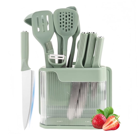 17 Pieces Kitchen Utensils and Knife Set with Acrylic Block, Silicone Cooking Tools and Stainless Steel Knives with Built-In Sharpener for Dicing and Chopping