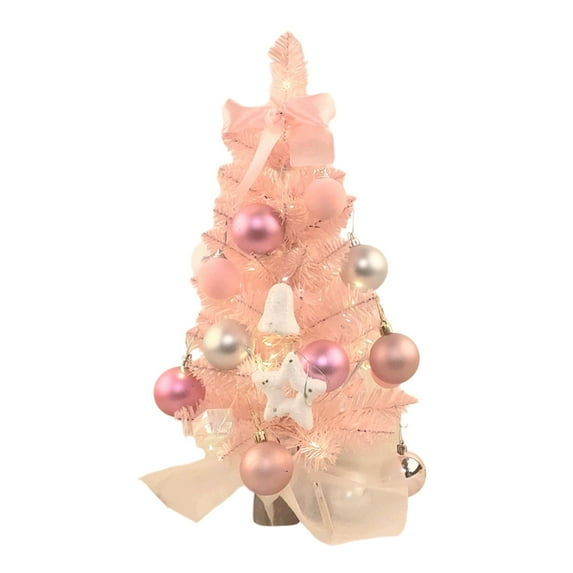 17" Pink Tabletop Christmas Tree with Ornaments & Lights – Artificial Mini Tree with DIY Accessories for Home, Office, Party, Desktop & Window Holiday Decoration