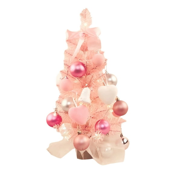 17" Pink Tabletop Christmas Tree with Ornaments & Lights – Artificial Mini Tree with DIY Accessories for Home, Office, Party, Desktop & Window Holiday Decoration