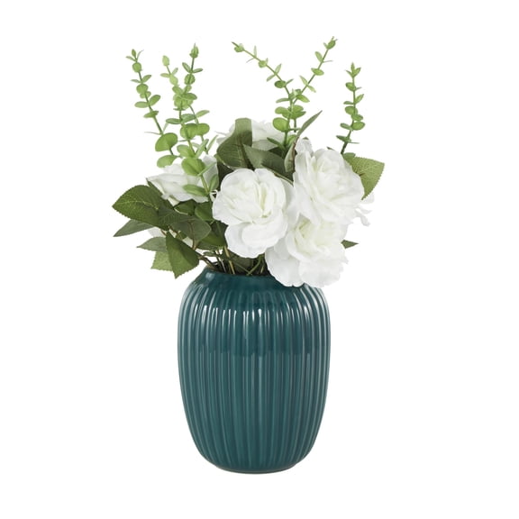 17" Plastic Hydrangea and Pom Pom Artificial Flower in Green Leaves and Round Ceramic Vase, by DecMode