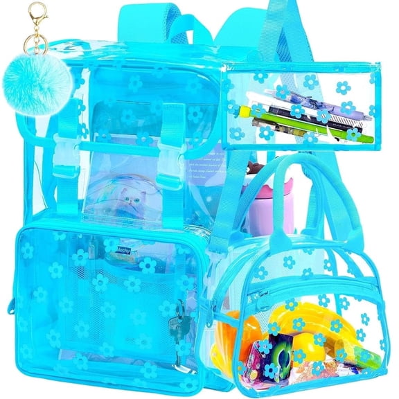 17" Plum Blossom Clear Backpack for Girls - 3Pcs Flip Design Stadium Approved Set, Campus/School Transparent Bookbag (Blue)