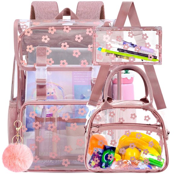 17" Plum Blossom Clear Backpack for Girls - 3Pcs Flip Design Stadium Approved Set, Campus/School Transparent Bookbag (Pink)