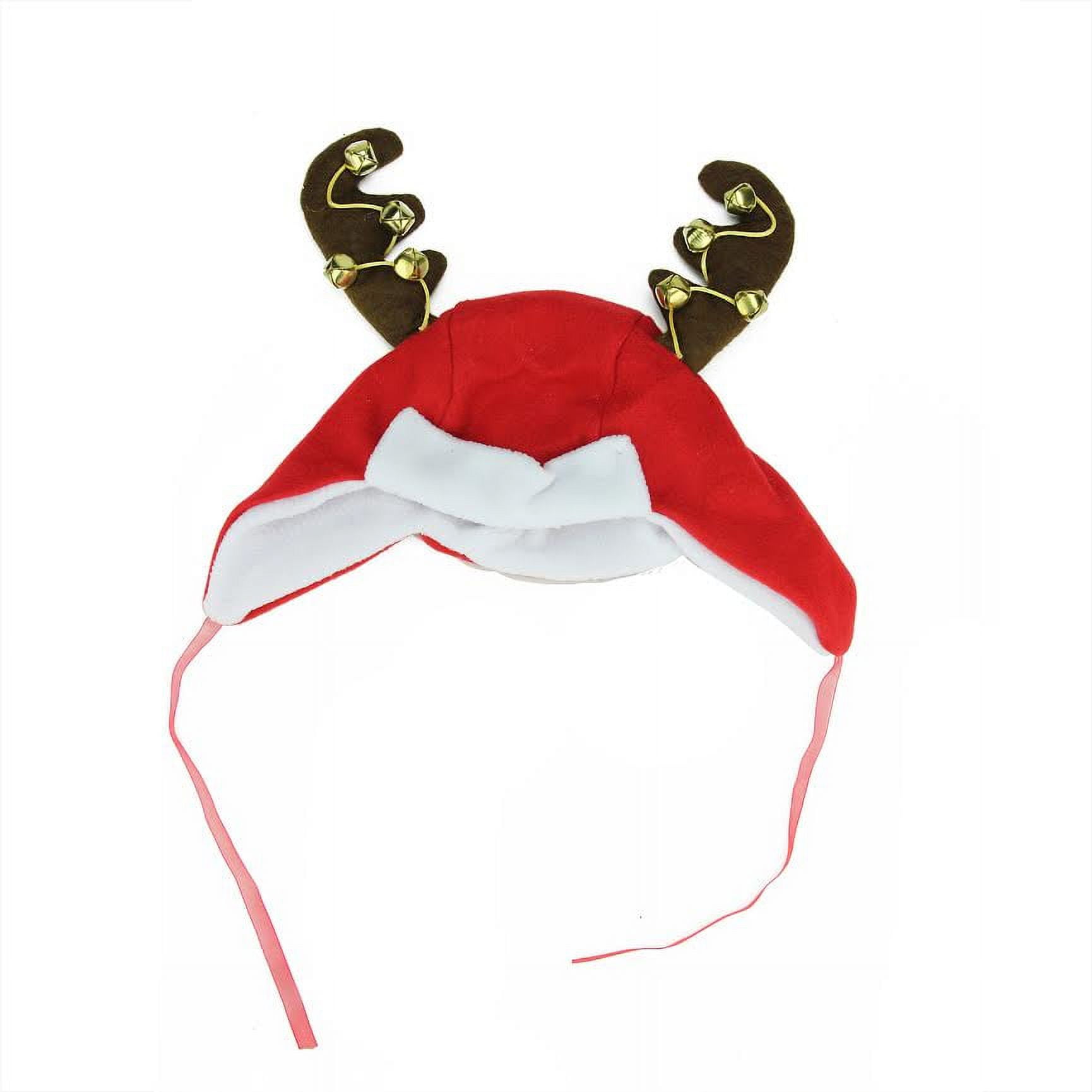 17" Plush Red and White Christmas Winter Trapper Hat with Jingle Bell Reindeer Antlers