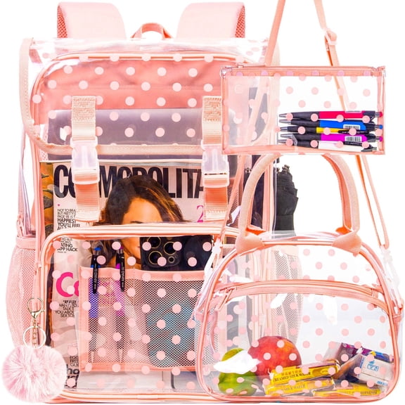17" Polka Dot Clear Backpack for Girls - 3Pcs Flip Design Stadium Approved Set, Campus/School Transparent Bookbag (Pink)