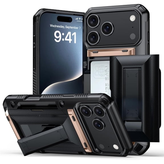 17 Pro Max Case with Card Holder - 2025 Shockproof Wallet Phone Case for Daily Travel & Business, Built-in Kickstand & 4 Card Slots, Protective Cover