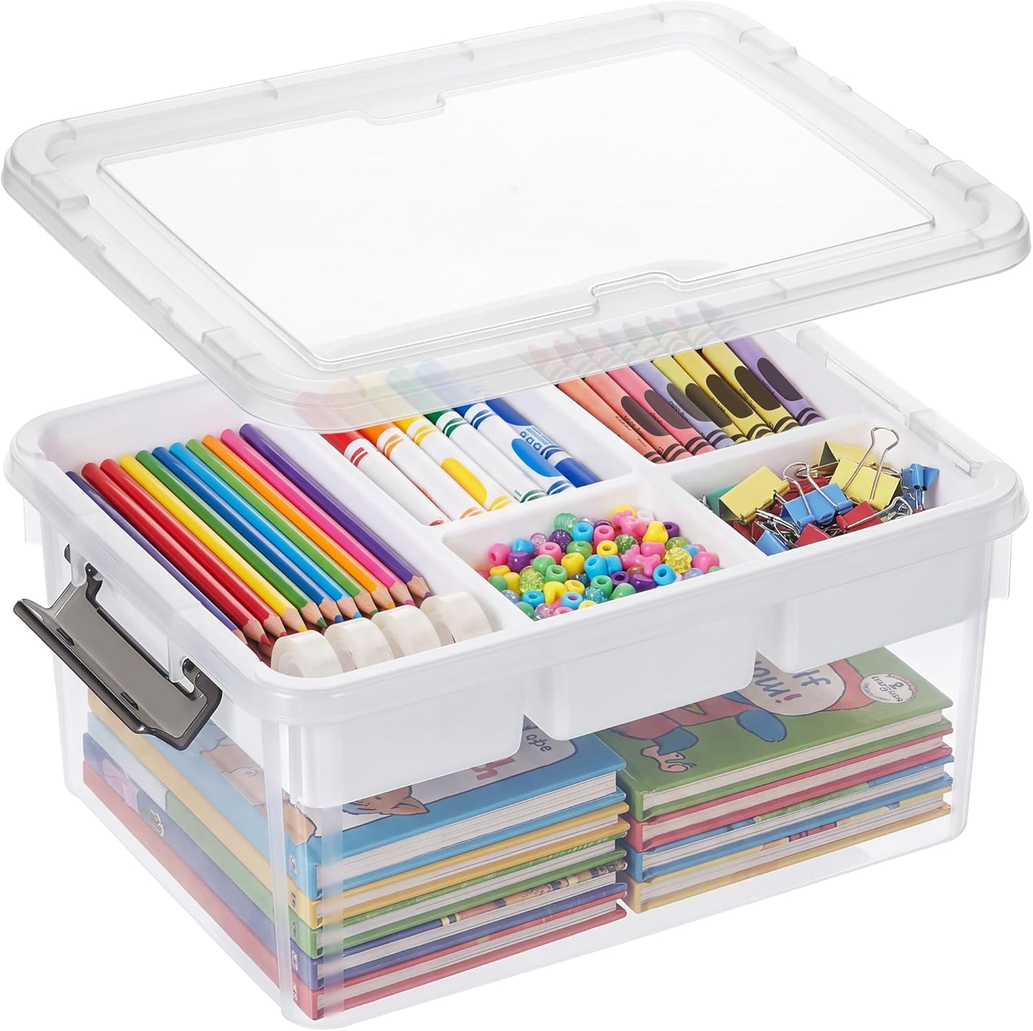 17 QT Clear Stackable Craft Storage with 1 Removable Fixed-Compartment Tray, Craft Organizers and Storage for Painting, Coloring Book & Playdoh Supplies, 2 Packs