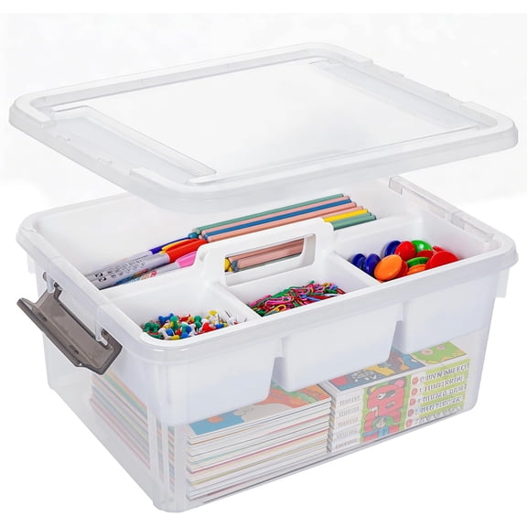 17 QT Plastic Storage Bins Clear Storage Box with Removable Tray Stackable Latching Box with Handle for Organizing Tool, Craft, Office, Bead