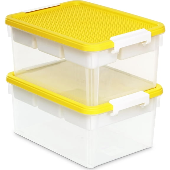 17 QT Plastic Storage Box with Building Baseplate Lid and Removable Tray Craft Organizers and Storage Clear Storage Container for Organizing Bead, Tool, Sewing, Yellow-2 Packs