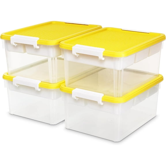 17 QT Plastic Storage Box with Building Baseplate Lid and Removable Tray Craft Organizers and Storage Clear Storage Container for Organizing Bead, Tool, Sewing, Yellow-4 Packs