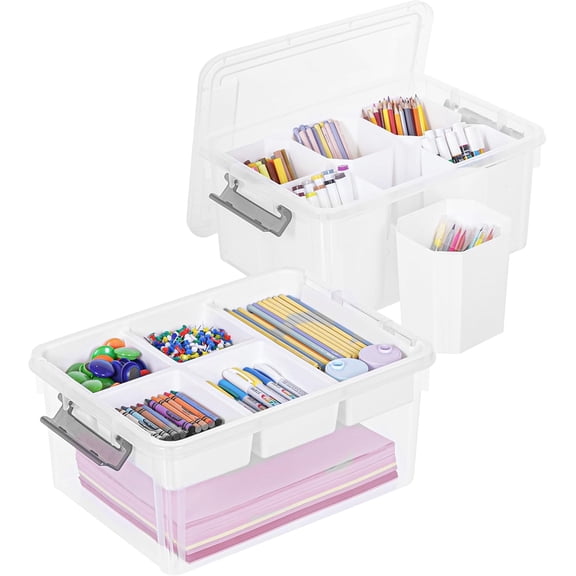 17 QT Plastic Storage Box with Removable Tray and 6 Detachable Tall Inserts Craft Organizers and Storage Clear Storage Container for Organizing Crayon, Craft, Sewing, Playdoh, 2 Packs