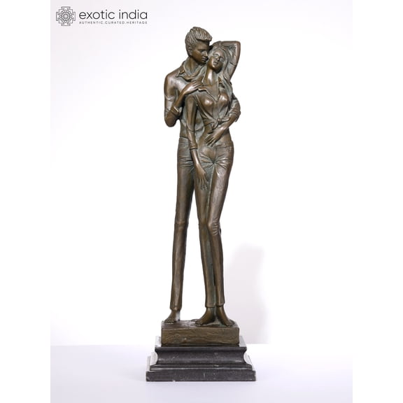 17" Romantic Couple Bronze Sculpture on Marble Base | Table Decor