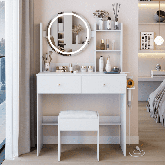 17" Round LED Mirror Vanity Table+Cushioned Stool, Equipped With 2 AC+2 USB Power Socket, Big Mirror, Touch Switch, 3 Colors, Adjustable Brightness, Large Desktop, Multi-layer High Capacity Storage