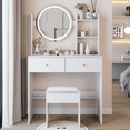 thumbnail image 1 of 17" Round LED Mirror Vanity Table + Soft Cushion Stool Suit, Large Mirror, Touch Switch, 3 colors, Adjustable Brightness, Large Desktop, Multi-layer High Capacity Storage, Suitable For Small Space, 1 of 15