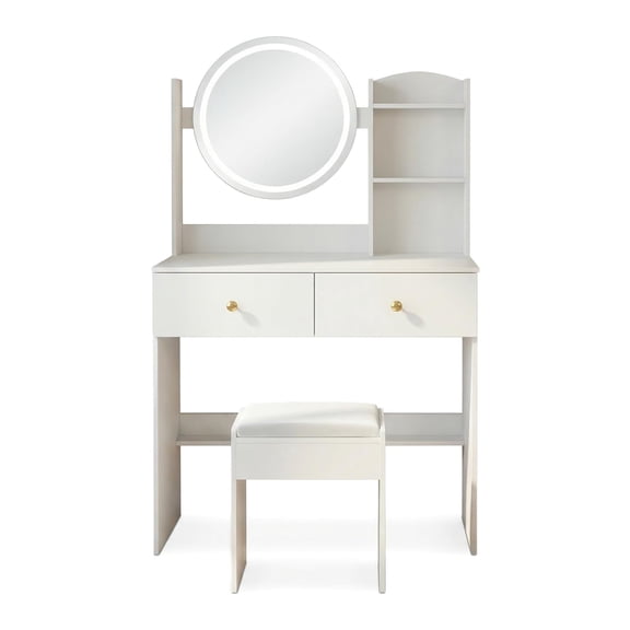 17" Round LED Mirror Vanity Table + Soft Cushion Stool Suit, Large Mirror, Touch Switch, 3 colors, Adjustable Brightness, Large Desktop, Multi-layer High Capacity Storage, Suitable For Small Space