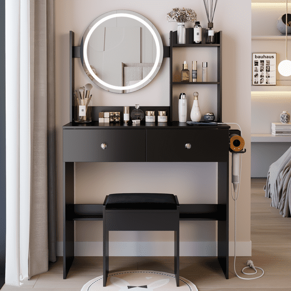 17" Round LED Vanity Table with Charging Station & Stool, MDF Makeup Desk for Small Spaces, Tri-Color Touch Mirror, Multi-Layer Storage & Step-by-Step Guide, Black