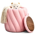 thumbnail image 1 of 17'' Round Storage Ottoman with Waterproof Tray Top, Cylindrical Storage Footstool with Vertical Stripe Design, Teddy Fabric Vanity Stool with Anti-Slip Design for Living Room Entryway, Pink, 1 of 6