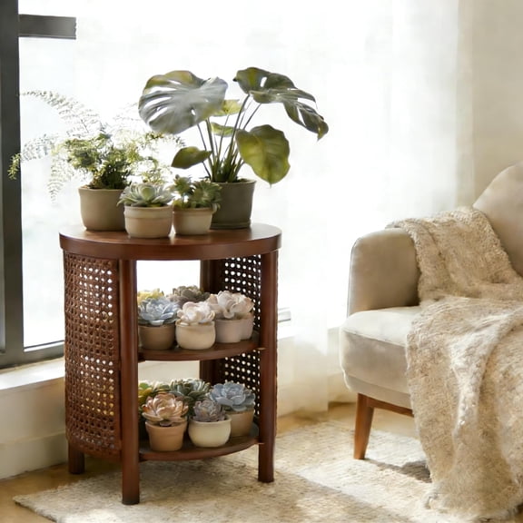 17" Round Wood Plant Stand Indoor, 3-Tiers Iron Rattan Accent Plant Base Stand for Small Succulent Potted, Multi-Function Duty Side End Table for Living Room, Bedroom, Balcony (Walnut)