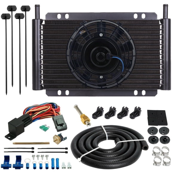 17 Row Transmission Oil Cooler Electric Cooling Fan Fin Probe Thermostat Kit