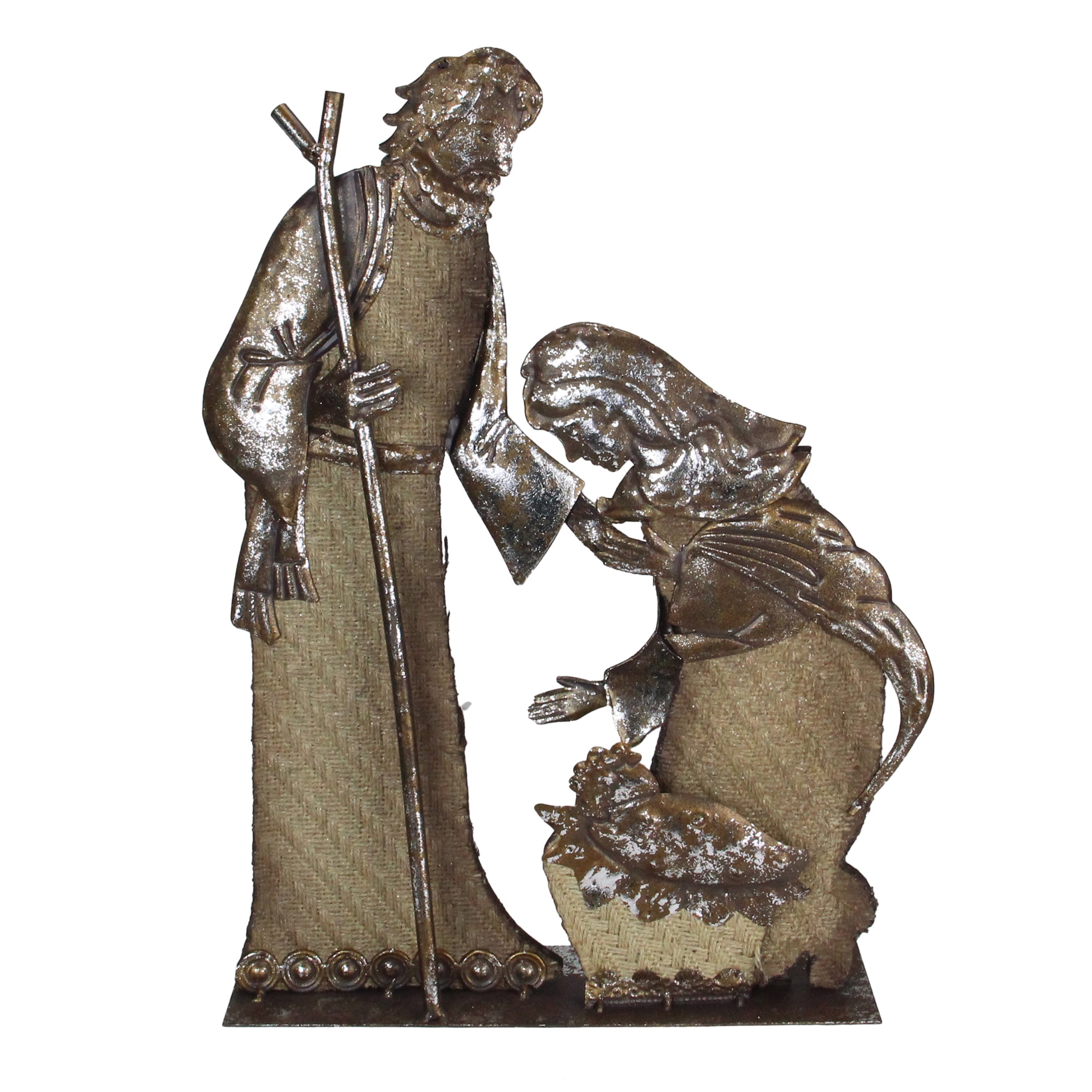 17" Rustic Brown Metal and Burlap Holy Family Nativity Scene