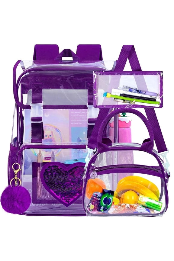 17" Sequin Clear Backpack for Girls - 3Pcs School Flip Design Stadium Approved Set, Waterproof Campus Transparent Bookbag (Purple)
