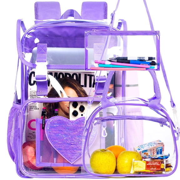 17" Sequin Clear Backpack for Girls - 3Pcs Sparkle Flip Design Stadium Approved Set, Waterproof Campus/School Transparent Bookbag (Purple)