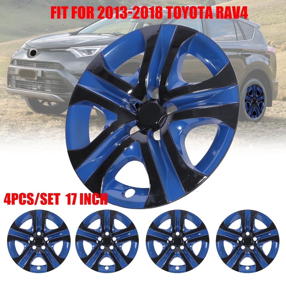 17" Set of 4 Hubcaps Wheel Rims Cover for 2013-2018 Toyota Rav4 Compatible with Steel Wheels Snap on Installation(17-inch,Black Lacquer& Blue Lacquer)
