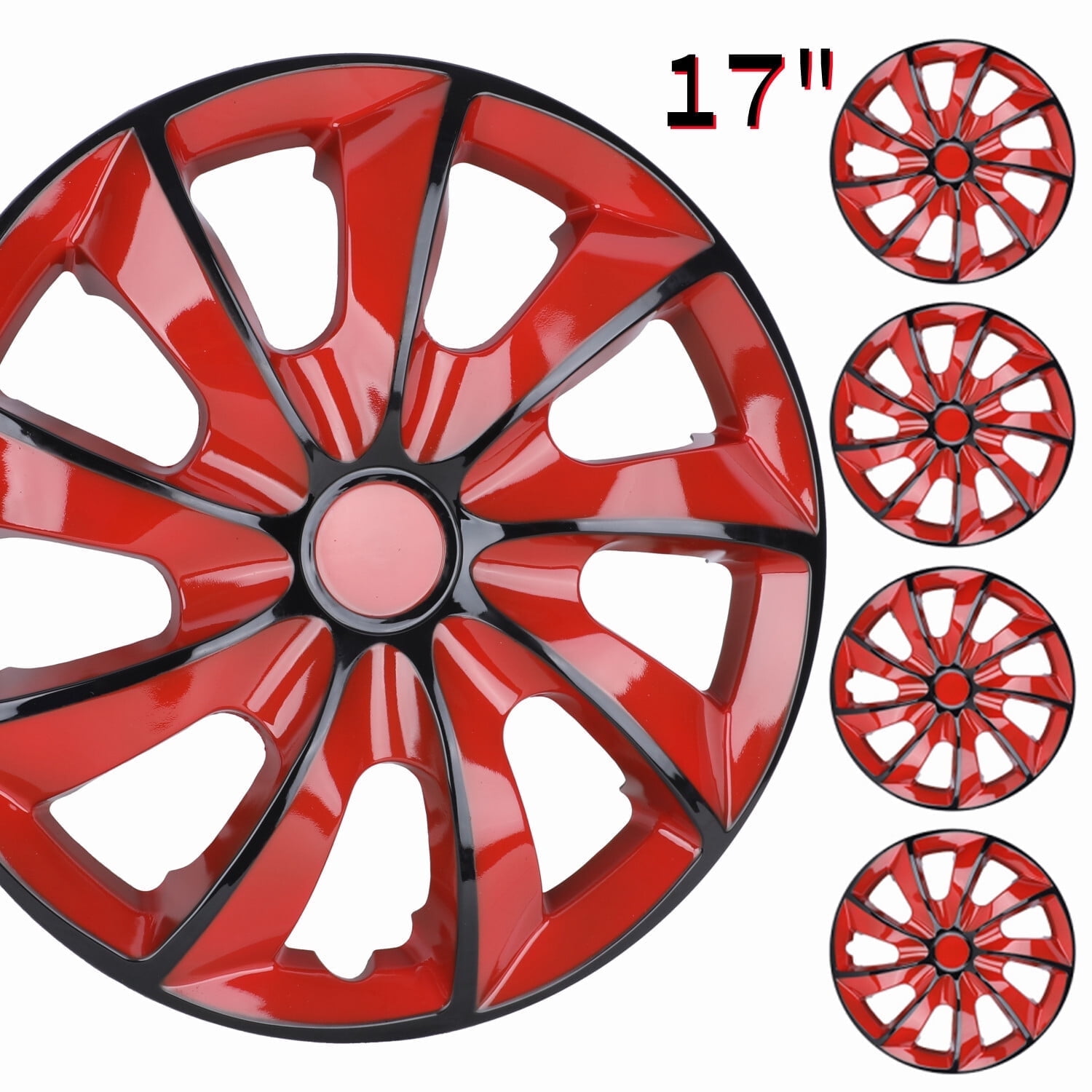 17" Set of 4 Wheel Covers Snap on Hubcaps Full Hub Caps Fit R17 Tire & Steel Rim (4 Pack)-Black Lacquer & Red Lacquer
