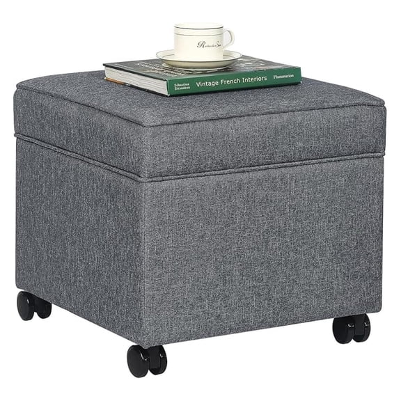 17" Square Storage Ottoman with Wheels, Upholstered Linen Movable Cube Footrest & Extra Seat with Top for Living Room, Bedroom, Dark Grey