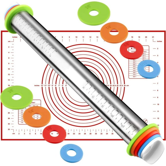 17" Stainless Steel Rolling Pin, Non-Stick Roller with Silicone Removable Rings and Baking Mat, Kitchen Bake Tools for Cooking Pizza Pie Cookies Pastries