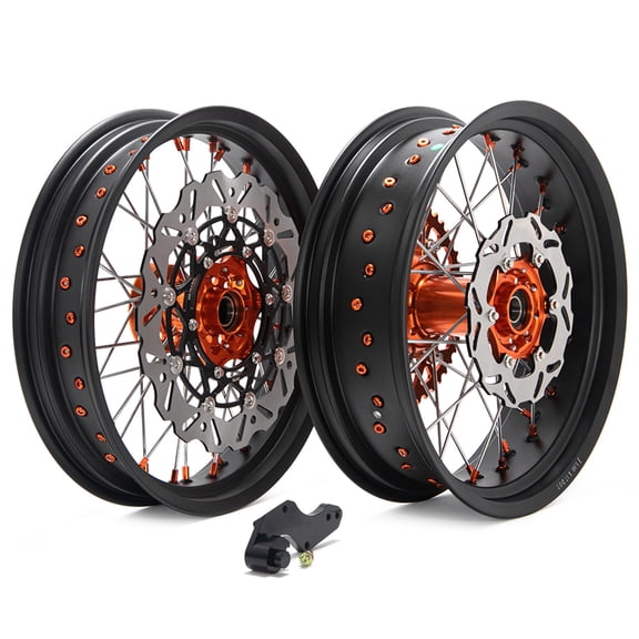 17" Supermoto Wheel Rotor Disc Sprocket Kit For SX 200/450/525 2003-2006 SXF 450 505 07-09 XC 300 06-09 XCW 200 07-09 XCF250/505 07-09 SXS-F EXC EXC-F SXS Black Rim Orange Hub