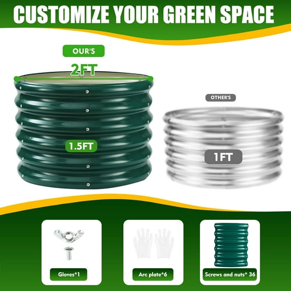 17" Tall Elevated Round Metal Raised Garden Bed - 2'x2' Dark Green Planter Box for Vegetables, Flowers, and Succulents