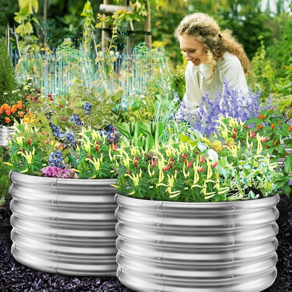 17" Tall Round Outdoor Garden Raised Garden Bed Kit - 0.8MM Thick Metal Raised Planter Bed for Flowers, Herbs, Vegetables (Silver, 32 Inches Diameter)