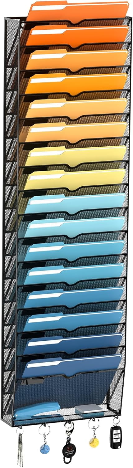 17-Tier Wall File Holder Organizer with Hooks, Mesh Hanging File ...