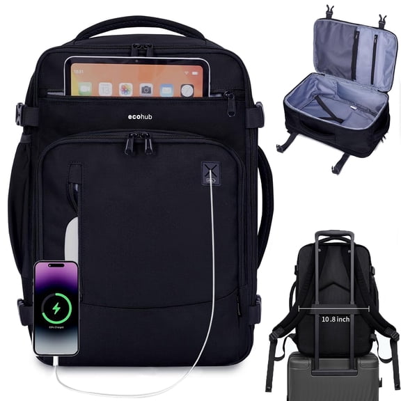 Black Laptop Backpack for Men Travel Carry on Backpacks Fit 15.6" Computer, Anti Theft Casual Daypack School College Business, Flight Approved Bag with 16 Pockets, 25L