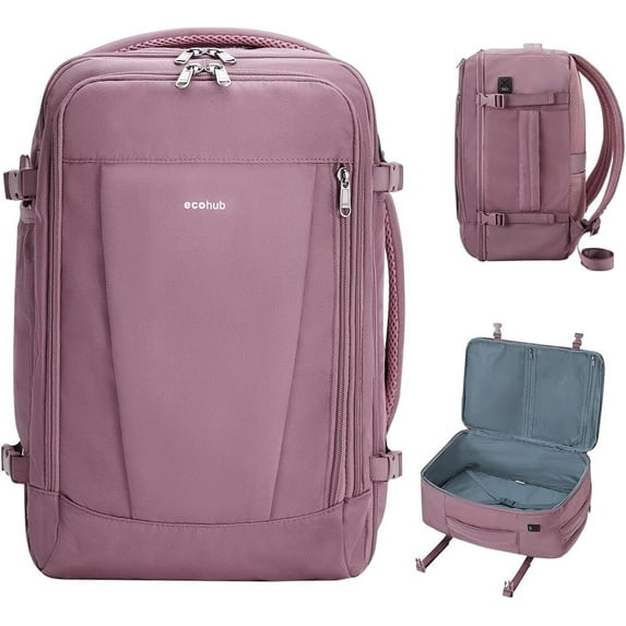 17" Travel Carry on Personal Item Backpack with 13 Pockets USB Port Flight Approved Waterproof Full Open Side Handle Weekender, 25L, Pink