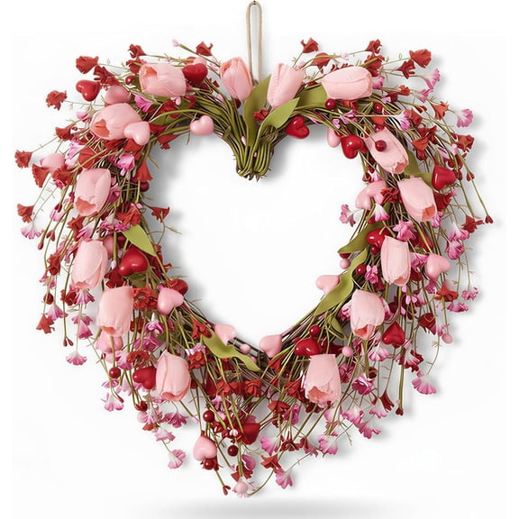 17" Valentine's Day Heart Wreaths for Front Door, Pink Tulip Wreath with Heart Berry, for Wedding Anniversary Candlelight Dinner Valentine Decoration