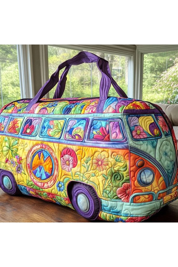 17" Van Quilted Duffle Bag, Retro Camper Canvas Weekender for Women, Compact Travel Carry-on Luggage, Vintage RV Theme Gym Bag with Handles, 17x8x8 Inches(L)