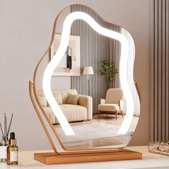 17? Vanity Mirror with Lights Tabletop Cloud Shaped , Touch, 3-Color Dim Lighting, 360? Rotation, Memory, Frame, Plug-in AC Power, Mirror for Women Teen Girls Champagne