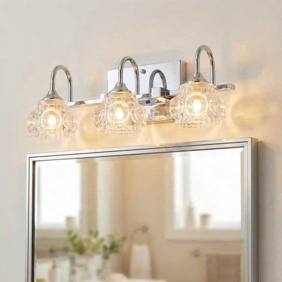 17" Vintage 3-Light Crystal Vanity Light, Brushed Nickel Bathroom Mirror Fixture with Clear Glass Shades, Iron & Crystal, G9 Base Wall Mount (Bulbs Not Included)