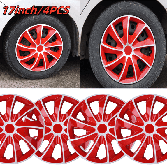 17" White & Red Hubcaps/Wheel Covers for Most Cars,Set of 4 Snap on Car Truck SUV Hub Cap,ABS&PC Material