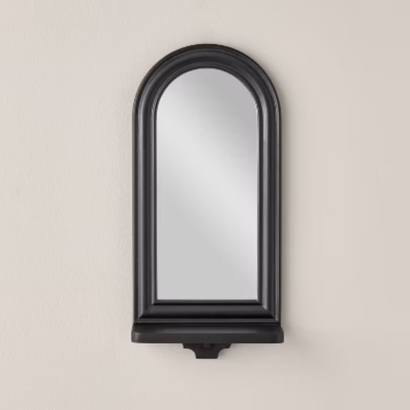 17" Wood Framed Wall Mirror with Shelf Black