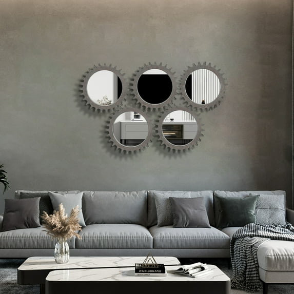 17" Wood Gear Shape Wall Mirrors Decorative,Round Bathroom Mirror with Jagged Edges,Metal Structure Makeup Mirror for Bathroom,Living Room,Entryway,Black Brown