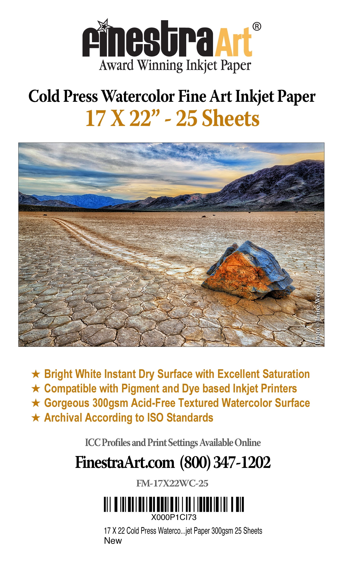17" X 22" Cold Press Watercolor Fine Art Inkjet Paper - 25 Sheets