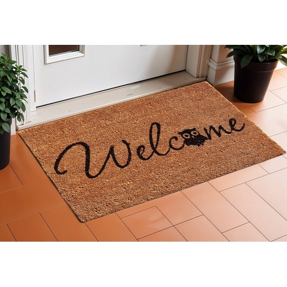 17" X 29" Black And Natural Owl Welcome Outdoor Coir Door Mat