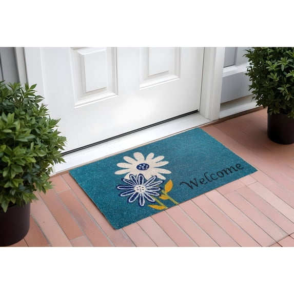 17" X 29" Blue and White Coir Floral Welcome Outdoor Door Mat