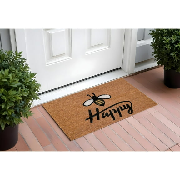 HomeRoots 555232 17 x 29 in. Natural & Black Coir Bumblee Bee Happy Outdoor Door Mat
