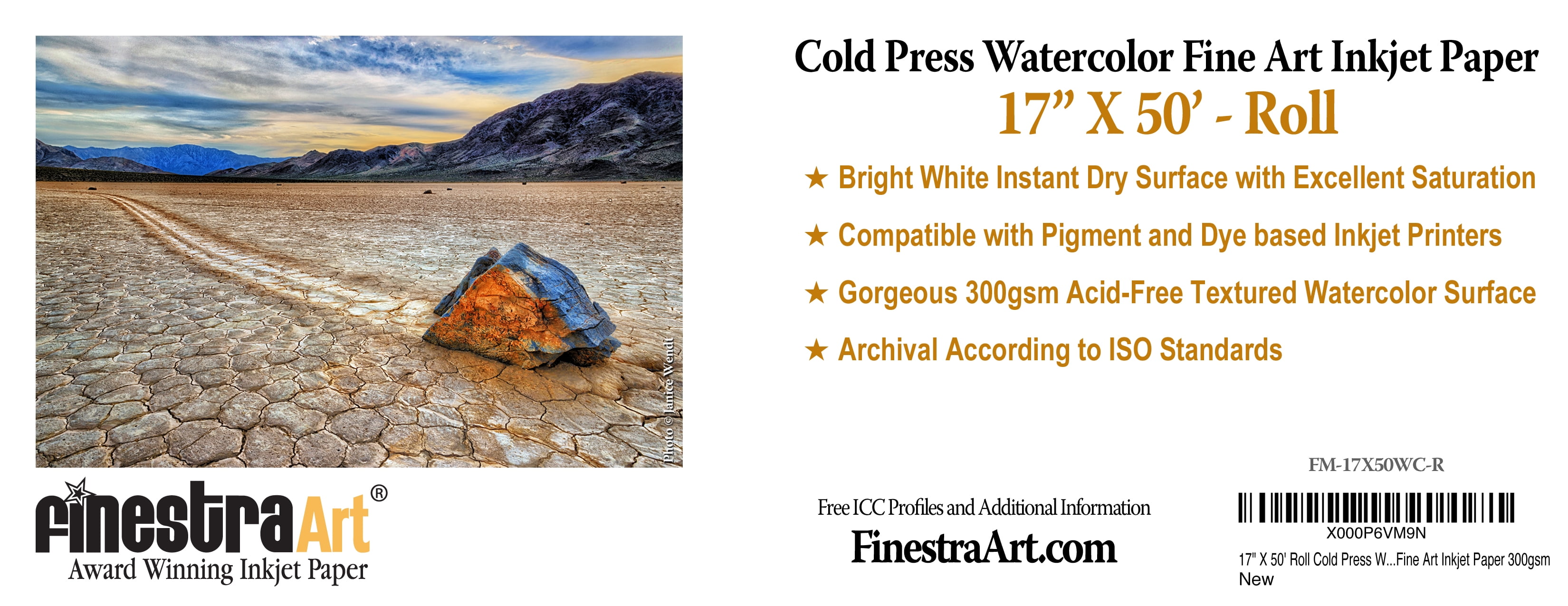 17" X 50' Cold Press Watercolor Fine Art Inkjet Paper - Roll