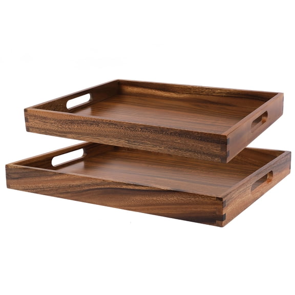 2Pack Acacia Wooden Tray,17x12" Nesting Ottoman Trays,Stackable Serving Trays with Reinforced Base, Decorative Wood Platter for for Kitchen, Dining Room, Living Room, Coffee Table, Home Decor & Food